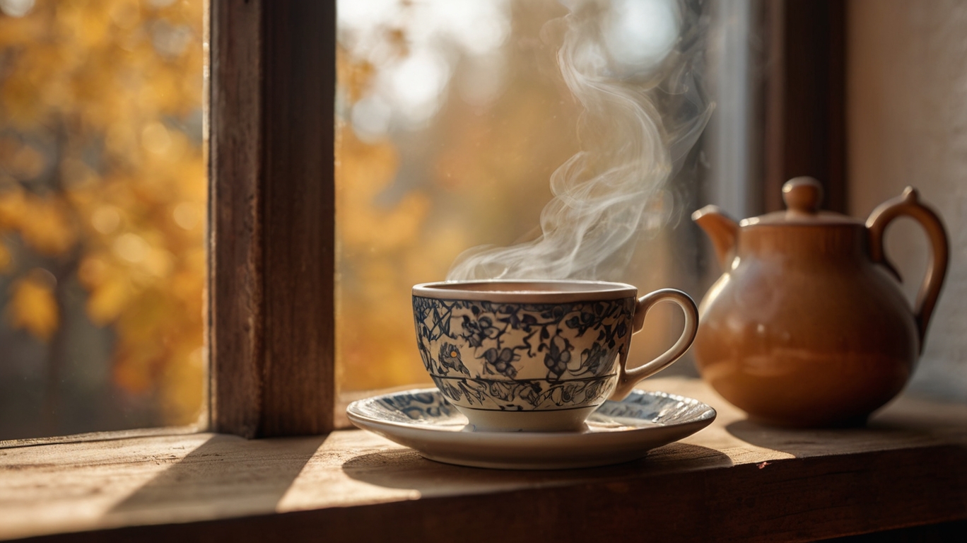 Taza de té Verelu-Fixali con hojas frescas